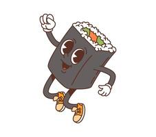 Cartoon jumping japanese roll groovy character vector