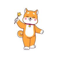 japonés shiba inu perrito perro con magia varita mágica vector