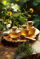 AI generated Three bottles of natural honey with dipper on wooden table in the garden photo