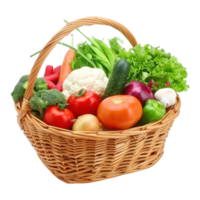 AI generated Fresh Vegetables in Wicker Basket Isolated on Transparent Background.  Basket Overflowing with Vegetables Cutout PNG