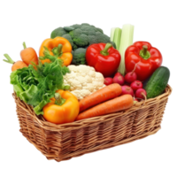 AI generated Fresh Vegetables in Wicker Basket Isolated on Transparent Background.  Basket Overflowing with Vegetables Cutout PNG