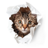 ai generiert spielerisch Katze im zerrissen Papier Loch. Katze spähen durch Papier transparent ausgeschnitten png