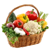 AI generated Fresh Vegetables in Wicker Basket Isolated on Transparent Background.  Basket Overflowing with Vegetables Cutout PNG