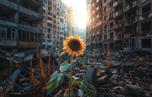 AI generated Sunflower growing in the middle of the destroyed city photo