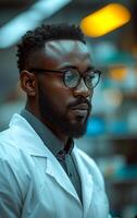 AI generated Portrait of handsome young scientist in white coat and glasses. photo