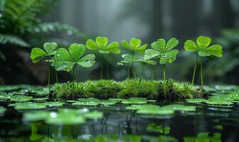 AI generated Lucky clover growing on mossy rock over pond of water with forest in the background photo