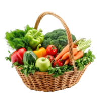 AI generated Fresh Vegetables in Wicker Basket Isolated on Transparent Background.  Basket Overflowing with Vegetables Cutout PNG