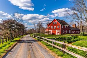 AI generated Red barn and horse fence along country road photo