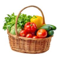 AI generated Fresh Vegetables in Wicker Basket Isolated on Transparent Background.  Basket Overflowing with Vegetables Cutout PNG