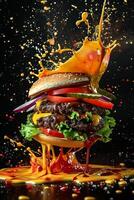 AI generated The hamburger with splashing juice on dark background photo