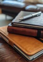 AI generated Leather notebook and pen on table photo