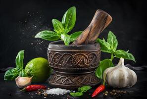 AI generated Mortar and pestle with herbs and spices on black background photo