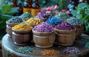 ai generado seco hierbas y flores en de madera bochas en mesa foto