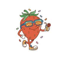 Cartoon retro strawberry groovy character, hippie vector