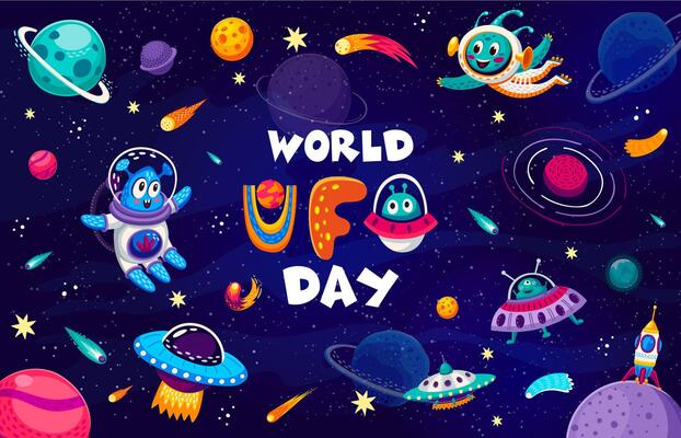 World UFO Day poster with cute alien, spaceship