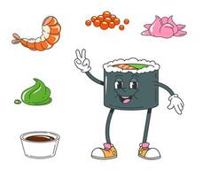 Retro cartoon funny groovy japanese roll character vector