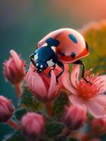 AI generated Ladybug on flower in the sunlight photo