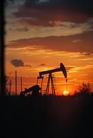 AI generated Pumpjack is silhouetted by the setting sun after rain storm photo