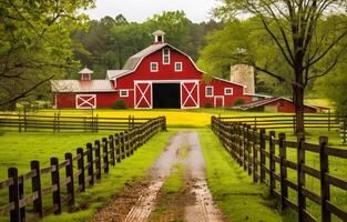 AI generated Red barn and dirt road in the country photo