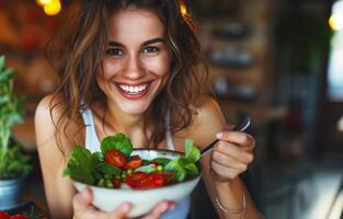 AI generated Young and happy woman eating healthy salad sitting in the beautiful interior with green flowers on the background photo