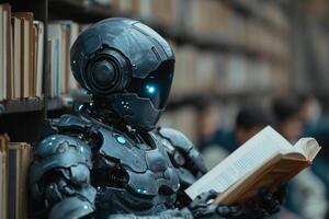 ai generado robot sentado en biblioteca y leyendo libro foto