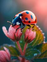 ai generado mariquita en flor en el luz de sol foto