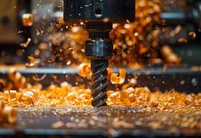 AI generated Drill is drilling hole in wood chips. A black drill bit is spinning and chiseling wood photo