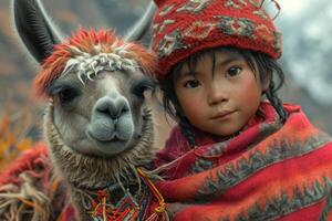 ai generado peruano niña y su llama. un joven lama es en pie siguiente a otro pequeño niño foto