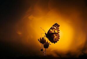 AI generated Butterfly on flower in the rays of the setting sun photo