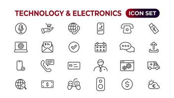 Technology and Electronics and Devices web icons in line style. Device, phone, laptop, communication, smartphone, ecommerce. Vector illustration.