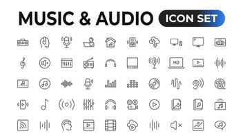 Music and audio universal thin line icons set on white background, Pixel Perfect icons, Simple vector illustration.