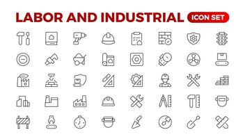 labor y industrial icono colocar. línea conjunto de ingeniero, engranaje, y engranajes mecánico máquina iconos fabricación y Ingenieria línea icono colocar. producción, configuración, industrial fábrica, mano de obra, vector