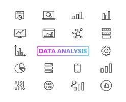 grande datos análisis Delgado línea icono colocar. datos Procesando contorno pictogramas para sitio web y móvil aplicación interfaz gráfica de usuario digital analítica sencillo ui, ux vector íconos