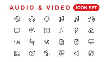 paquete de iconos de audio y video. conjunto de iconos de línea delgada. conjunto de colección de iconos planos. iconos vectoriales simples vector