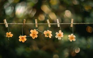 AI generated Yellow flowers hanging on the clothesline. A photo of small flowers hanging on line with wooden clip