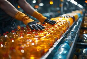 AI generated Worker in gloves on factory conveyor close up. photo