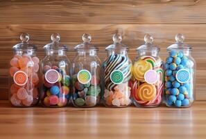 AI generated Colorful candies in glass jars and wooden background photo