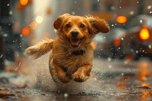 ai generado perro corriendo en el lluvia. un perro tejonero corriendo pasado el en el ciudad arquitectura foto