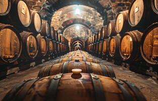 AI generated Wine barrels stacked in the old cellar of the winery photo