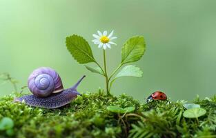 AI generated Snail and ladybug on the moss with flower photo
