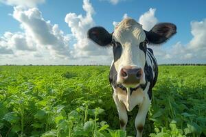 AI generated Black and white cow stands in green field with blue sky and clouds in the background. photo