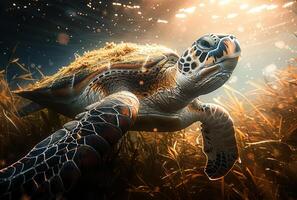 AI generated Sea turtle swims through the ocean in the rays of the sun photo