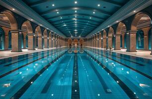 ai generado interior nadando piscina con columnas y arcos en spa hotel foto