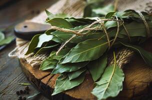 AI generated Fresh bay leaves on wooden cutting board photo