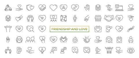 Friendship and Love Vector Line Icons Set. Relationship, Mutual Understanding, Mutual Assistance, Interaction