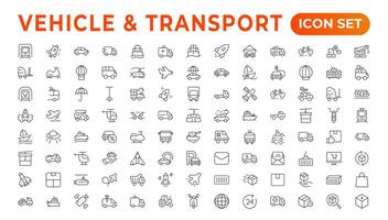 transporte, vehículo, y entrega elementos - mínimo linea fina web icono colocar. contorno íconos recopilación. auto, bicicleta, scooter, excavadora, autobús, cable, auto, helicóptero. vector