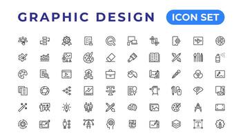 Set of thin line icons of graphic design. Simple linear icons in a modern style flat, Creative Process. Graphic design, creative package, stationary, software and more vector