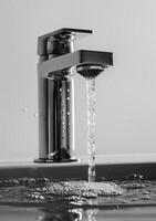 AI generated Water running from tap. A open faucet seen from the front photo