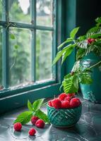 AI generated Raspberries in bowl on windowsill. A raspberry on countertop with green leaves in window photo