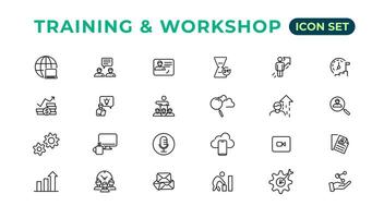 Training and workshop linear icons collection.Set of thin line web icon set, simple line icons collection, Pixel Perfect icons, Editable vector illustration.